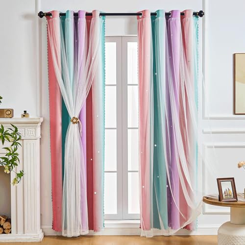 NETMEO Girls Blackout Curtains, 2 Panel Girls Princess Curtains Kids Bedroom Windows, Darkening Princess Bedroom Accessories(Pink Purple Green, W52×L84×2P)
