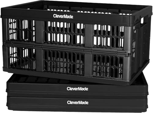 CleverMade 3 Pack 45L Obsidian Collapsible Utility Crate Holds 30kg - Heavy Duty Stackable Containers Space Saving