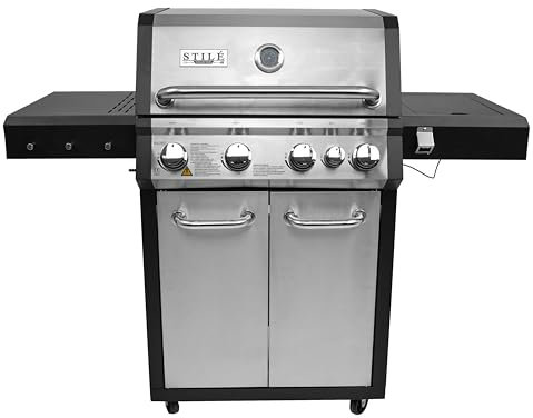 Stilé Barbecue MADRID a Gas Professionale con 4 Fuochi Più Bruciatore Laterale Con Griglie In Ghisa Vaschetta Recuperatore Grasso Termometro Integrato Ruote E Struttura In Acciaio Inox (4 FUOCHI)