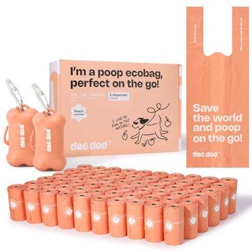 Deo Doo Dog Poop Bags with Handles 60 Rolls 720 Counts Big Sizes Leak Proof and Extra Thick Waste Bags Refill Rolls for Walking Small Medium Large Dogs Cats Litter With 2 Holders Peach Scented