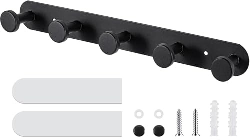YUNYU Crochets muraux robustes en acier inoxydable – Auto-adhésifs sans perçage – Crochets de porte noirs avec 5 crochets pour rangement de salle de bain, chambre à coucher et cuisine