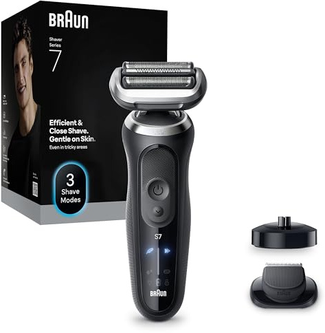 Braun Serie 7 Rasoio Elettrico Barba, Wet&Dry, Regolabarba Uomo, Rasoio Barba, 60 Min di Utilizzo, Base di Ricarica, +1 Accessorio, Senza Fili, 100% Impermeabile, Regolabarba Braun 72-N4200s, Nero