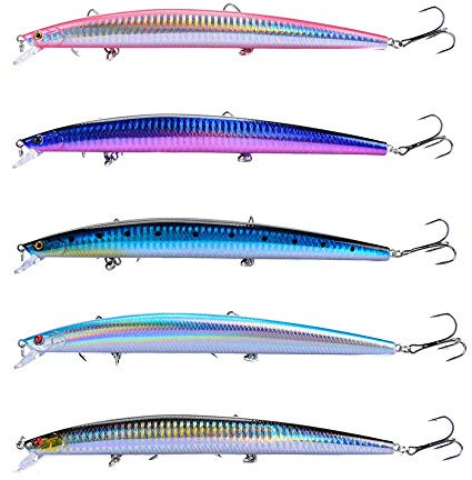 Hitchuey - Set di esca da pesca Minnow in 5 parti, 18 cm, 24 g, esca per acqua dolce e salata, pelle realistica con occhi 3D e palline sonanti, ganci robusti per la pesca di pesce persico, snook e