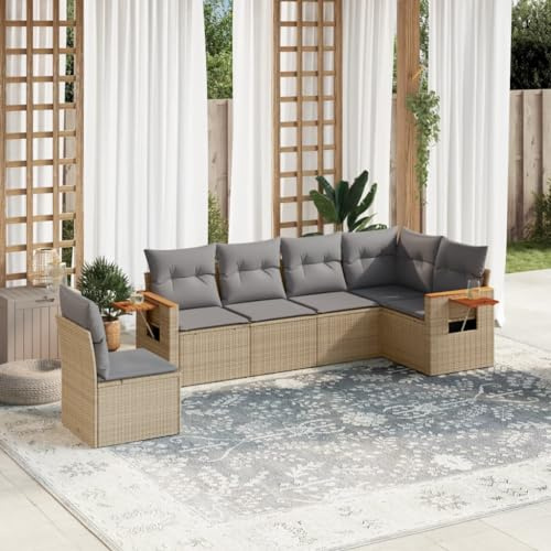 Qnhdfrt Set di 6 divani da giardino, in rattan sintetico, beige, con cuscino, spazio di archiviazione e tavolo pieghevole, per terrazza, giardino e balcone