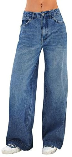 EMMIOL Women's 2026 Wide Leg Jeans Distress Mid Waist Denim Pants Vintage Y2K Trousers(Mid Blue,M)