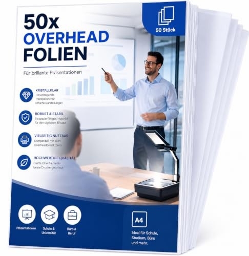 50x Overheadfolie transparent DIN A4 – extra tjocka OHP-filmer för kopiator & kopierfilm för laserskrivare med högkvalitativ tryck- och projektionskvalitet