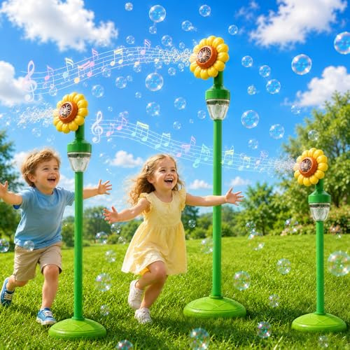 Seifenblasenmaschine Kinder, Sonnenblumen Seifenblasenmaschine Stehend mit Akku, Bubble Machine Kids mit LED Licht & Musik, 150ml + 20 x Seifenblasenflüssigkeit für Geburtstag/Party/Hochzeit