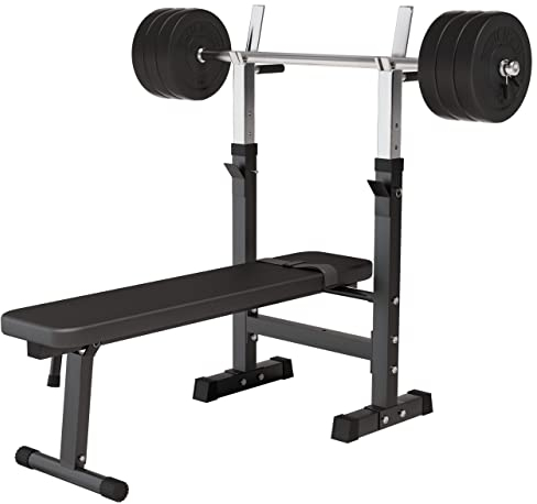 GORILLA SPORTS® Hantelbank - inkl. Hantelset 38/70/100kg, Ablage, Dip-Station, Höhenverstellbar, Klappbar, bis 200kg, Schwarz/Weiß - Trainingsbank mit Langhantelset, Drückerbank, Schrägbank, Flachbank