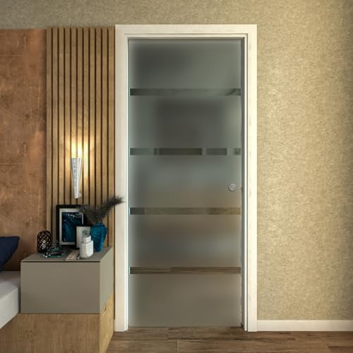 PORTA SCORREVOLE SCOMPARSA IN VETRO SATINATO CON RIGHE 80X210 (DESTRA)