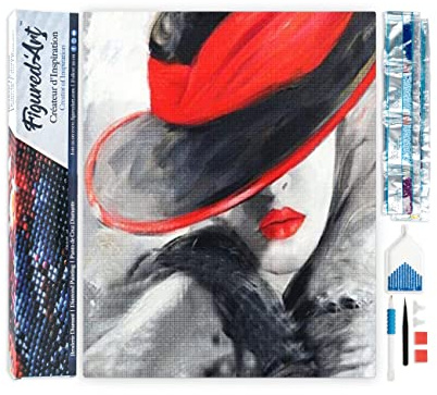 Figured'Art Diamond Painting Erwachsene 40x50cm Ganze Leinwand gerollt Frau mit rotem Hut 5D Bilder Eckige Steine - DIY Set Basteln
