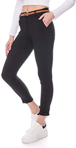 Kendindza Chino Damen Hose Stretch mit Gürtel Stoffhose Damen elegant lang (S, Schwarz)