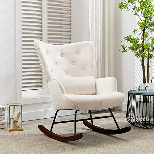 HomeMiYN Skandinavischer Schaukelstuhl Samt mit Metallgestell und Holzsockel Retro Sessel Polstersessel für Wohnzimmer Relaxstuhl für Wohnzimmer Schlafzimmer Kinderzimmer Freizeit (Beige)