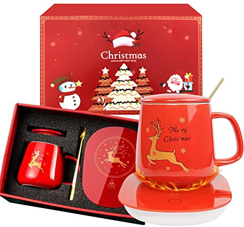 Chauffe-Tasse Rouge, Ensemble de Chauffe-Tasse de Noël : Tasse à café en céramique avec Plaque chauffante et Couvercle et boîte Cadeau et cuillère en métal doré, arrêt Automatique, Interrupteur à clé