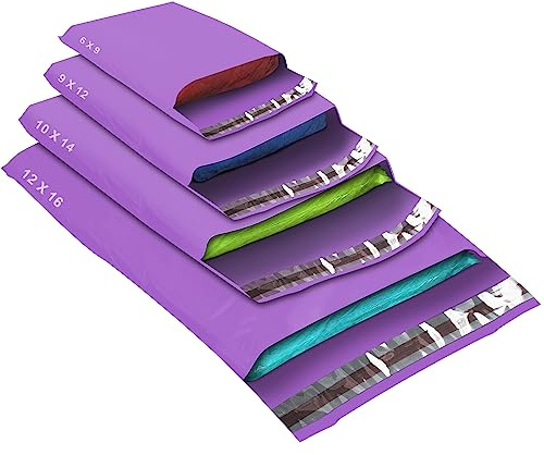 50 Mixed Size Purple Mailing Bags, Purple, 4 Sizes Self Seal Strong Waterproof Poly Plastic Envelopes for Parcels, Packaging, Small, Medium, Large Mail, Shipping Courier Delivery Bags