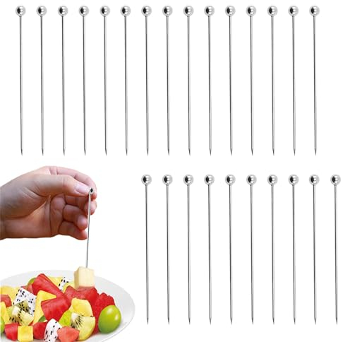 TRKETK 25 Pcs Stainless Steel Cocktail Sticks, Cocktail Picks Reusable Metal Drinks Skewers Olive Drink Picks Set Metal Fruit Sticks for Holiday Party Events Barbecue Appetizers (Silver)