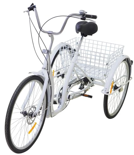 Vuxen trehjuling, 3 hjul cykel 26 tum med 6 växlar och shoppingkorg skivbroms cykelklocka för rekreation underhållning shopping picknick rörelse vit