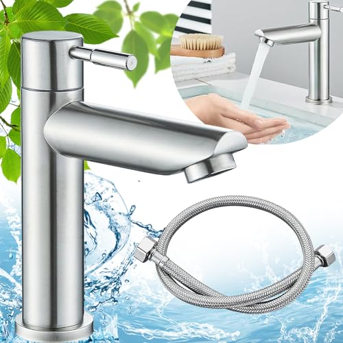 Begpoee Robinet Salle Bain, Robinet Lave Main Eau Froide, Mitigeur Lavabo, Mitigeur Monocommande pour Salle De Bain, Robinet Lavabo, Avec Tuyau De 60cm, Aux Salles De Bains Et Aux Cuisines(Argent)