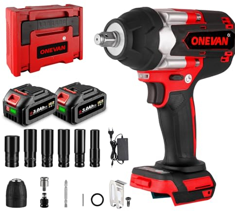 ONEVAN Avvitatore a percussione batteria, 1000 NM, 2x3,0 Ah, senza spazzole, avvitatore per cambio pneumatici