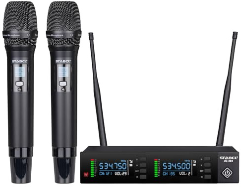 Sistema de micrófono inalámbrico profesional, 2 x 100 UHF frecuencias ajustables, micrófono inalámbrico para karaoke, canto, DJ, iglesia, 2 micrófonos inalámbricos dinámicos de mano de metal, escaneo