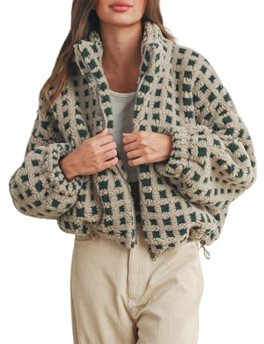 Esmeling - Chaqueta de franela con forro polar sherpa de manga larga y a cuadros para mujer, estilo cropped, con diseño de oso de peluche, para uso casual, Verde, Large