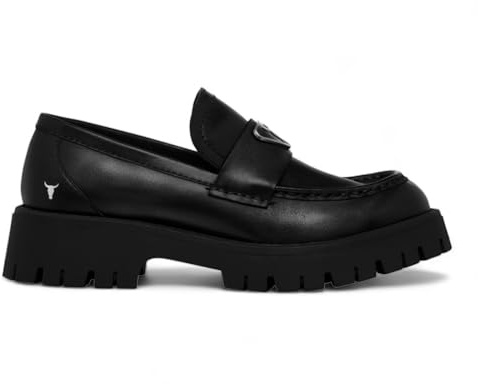 Windsorsmith Womens Black Leather Platform Chunky Loafers Shoes - Throne