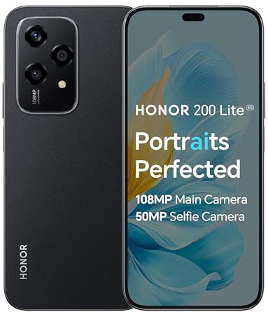 HONOR 200 Lite, Unlocked Mobile Phones, 5G Smartphone, 8GB+256GB, 6,7” Anti-Drop AMOLED Display, 108MP Triple Rear Camera, 50MP Front Camera, Dual SIM, Android 14 (Renewed)