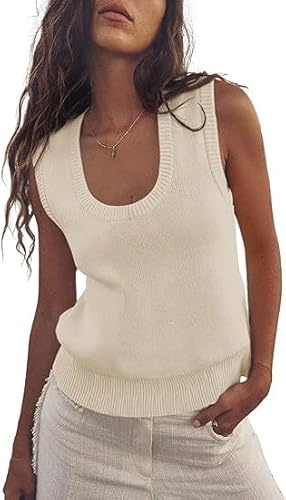 Saodimallsu Débardeur d'été pour femme - Col rond côtelé - Coupe ajustée - Sans manches - Basique - Couleur unie, beige, S