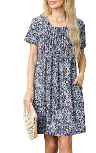 GRECERELLE Womens Summer Mini Dress Casual Short Sleeve Crew Neck Pleated Dresses with Pocket for Ladies (Black Anemone Flower, L)