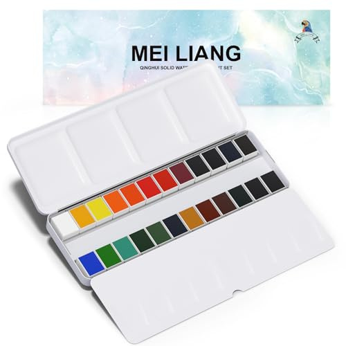 MEI LIANG Set di colori ad acquerello, 24 colori, colori vivaci e altamente pigmentati, semi-padelle rimovibili e tavolozza integrata, custodia in metallo portatile per studenti, principianti e