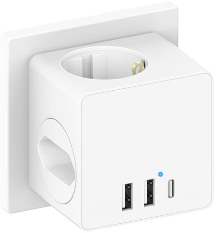 ZENIJUST Cubo con doppia spina per presa elettrica, 2 USB A e 1 USB C, adattatore presa 6 in 1, multiplo, 3680 W, bianco