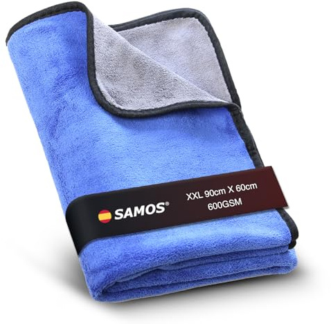 Samos® Toalla Secado Coche 90x60 cm XXL Microfibra de Alta absorción 600 gsm | Paño Microfibra Coche XXL para Limpieza y Secado rápido | Accesorios Coche Premium para Interior y Exterior