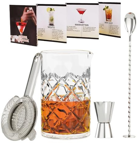 Professional 24 Oz Cocktail Mixing Glass Set - Thick Bottom Crystal Clear Bar Tools with Strainer, Jigger (15/30ml), Spoon & Recipe Guide