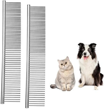 SDKZBFC 2 Pack Stainless Steel Combs, Fine Tooth Grooming for Dogs & Cats | Fine-tooth metal combs detangle and lift loose fur from thick, curly or long coats, suitable for grooming dogs and cats.