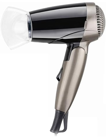 EMPOTEC Mini Air Flex Phon Capelli da Viaggio Pratico Compatto Motore DC Beccuccio Diffusore Aria 2 Velocità Manico Pieghevole Asciugacapelli con Filtro Removibile 1200W Nero Argento