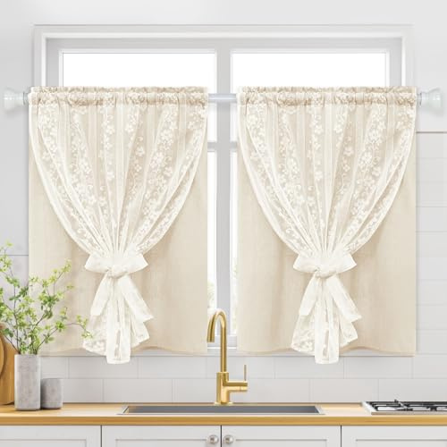 Alishomtll Curtains for Windows 2 Panels, Double Layers Beige Kitchen Curtains with Linen and Lace, Rustic Valance Short Curtain 26 x 36 inch Rod Pocket for Cafe Bathroom Small Window