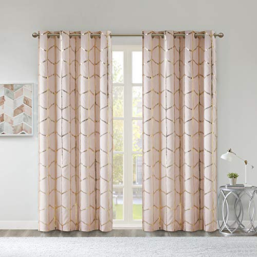 Intelligent Design Raina Total Blackout Metallic Print Grommet Top Single Curtain Panel Thermal Insulated Light Blocking Drape for Bedroom Living Room and Dorm, 50x84, Blush/Gold 1 Piece