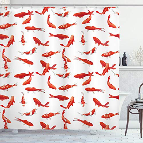 ABAKUHAUS Koi Fisch Duschvorhang, Koi Schwarm Meeres, Stoffliches Gewebe Badezimmerdekorationsset mit Haken, 175 x 240 cm, Orange Weiß