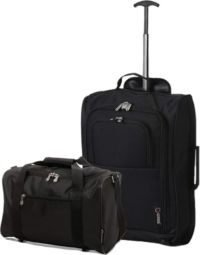 5 Cities Set of 2 Hand Luggage Set Including Ryanair Cabin Approved 21/55cm Trolley Bag & 40x20x25 Ryanair Maximum Holdall Under Seat Flight Bag (Black + Black)