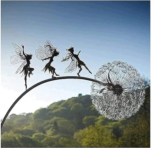 SBYMX Fairies Dandelions Art Sculpture Dance Together Yard Decorations Stainless Steel Fairy Ornaments Fairy Sculpture Dandelion for Outdoor Decoration Metal