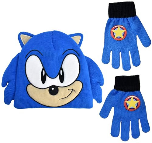 Concept One Jungen Sonic The Hedgehog Set, Kinder Strickmütze Wintermütze und Handschuhe Beanie-Mütze, Stoßstangenhandschuhe, Einheitsgröße (2er Pack)