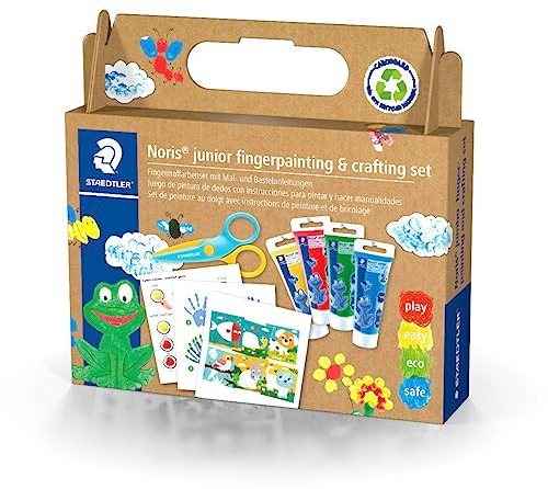 STAEDTLER Fingermalfarben und Bastel Set Noris junior, 4 Tuben Fingerfarbe in sortierten Farben, Sicherheitsschere und Bastelanleitungen, dermatologisch getestet, 61 C2
