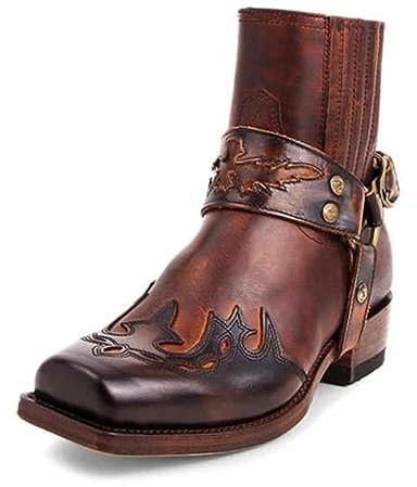 Västerländska stövlar herr spänne rem retro läderstövlar fyrkantig tå cowboy korta stövlar cowboy motorcykelstövlar, brun brun, 47 EU