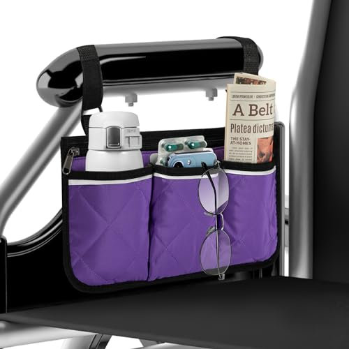 Borsa per Sedia a Rotelle con Tasche Borsa di Stoccaggio per Bracciolo per Sedia a Rotelle Impermeabile Borsa Laterale per bracciolo con Strisce Riflettenti Viola