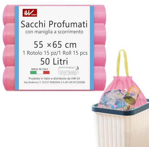 HW Sacs poubelle 50L-55x65cm avec poignée coulissante 60 pièces, sac poubelle recyclable, sacs poubelle pour poubelle moyens (rose)