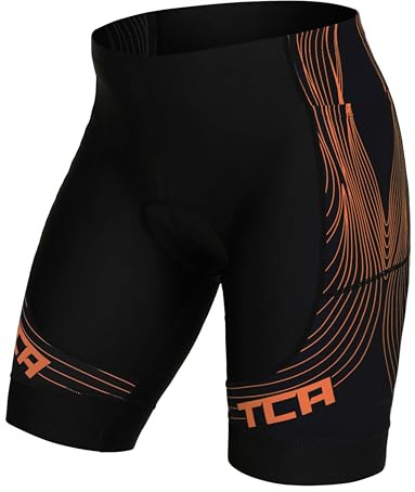 TCA Pantalón Corto Acolchado para Ciclismo para Hombre Slipstream, de Secado rápido, Transpirable y Antideslizante, con Bolsillo Trasero con Cremallera. Ideal para Ciclismo - Negro/Naranja, M