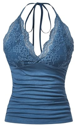 MakeMeChic Women's Halter Top Y2K Lace V Neck Ruched Low Cut Halter Tank Tops Camisole Tops Dusty Blue Medium