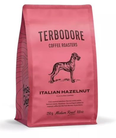 Terbodore | Italian Hazelnut Ground Coffee | 250g Bag | Delicious Nut Flavour | Subtle Nutty Aroma | Premium Grade | Filter | Medium Roast | Home or Cafe | Hazelnut Ground Coffee