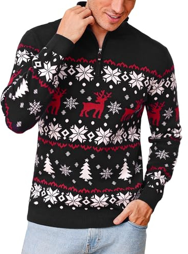 Crewhpo Jersey Navidad Hombre Invierno Suéter Navideños Media Cremallera Cuello Alto Jerseys de Punto Suéter para Hombre Manga Larga