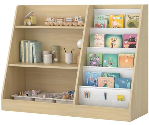 Huhote Kids Bookshelf Wooden Childrens Bookcase, Kids Storage Book Rack, Toddler Book and Toy Organizer Cabinet Book Display, Kids Shelves for Bedroom, Playroom, Nursery, Kindergarten (Oak)