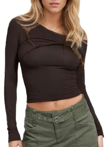 EMOTTOS Camisa Manga Larga para Mujer, Hombros Descubiertos Sexy Camiseta Y2K, Casual Crop Tops con sin Corte Ajustado Elástico en Color Liso Camiseta Diseño Retorcido en el Pecho, Marrón, M